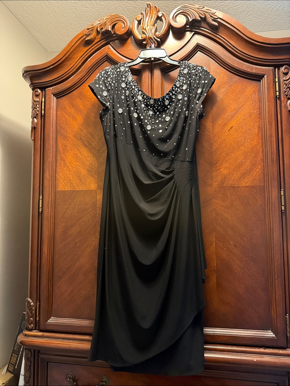 Black Embellished Midi Dress with Cap Sleeves